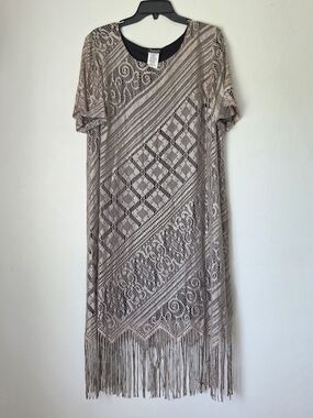Helen Blake Boho Fringe Crochet Overlay Fringe Dress in Taupe Size 16